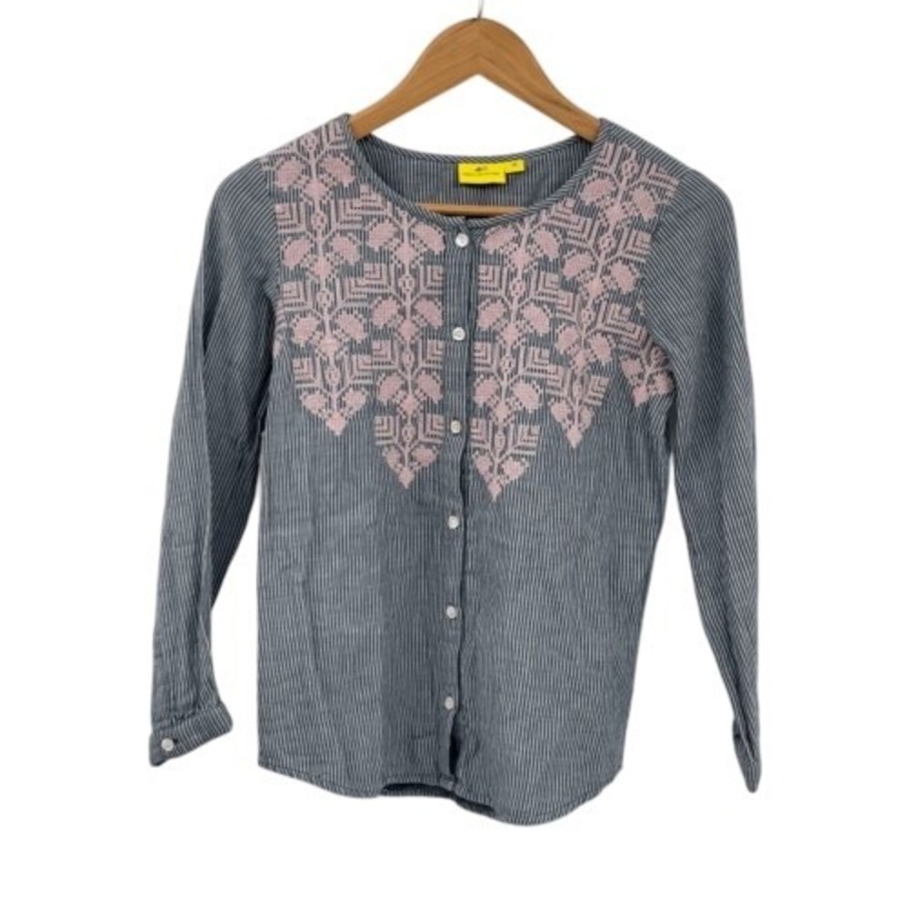 Roberta Roller Rabbit Top Shirt Button Down Women XS Striped‎ Pink Embroidery